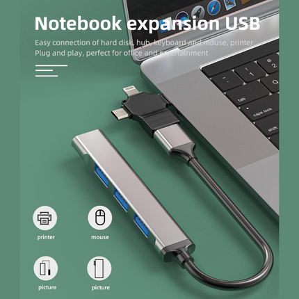 3-in-1 USB OTG Adapter USB-A 3.0 Female to USB-C Micro USB and Lightning Male Connectors Black