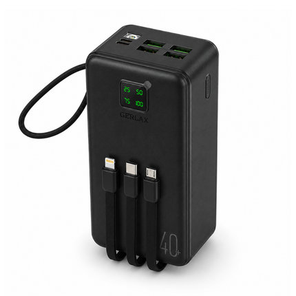 GERLAX GP-423 40000mAh 4 USB Power Bank with Built-in 3-in-1 Charging Cables & Digital Display – Black