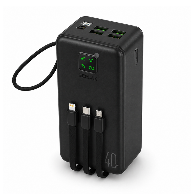GERLAX GP-423 40000mAh 4 USB Power Bank with Built-in 3-in-1 Charging Cables & Digital Display – Black