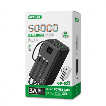 GERLAX GP-523 50000mAh Power Bank with Built-In Cables and 4 USB Outputs, White