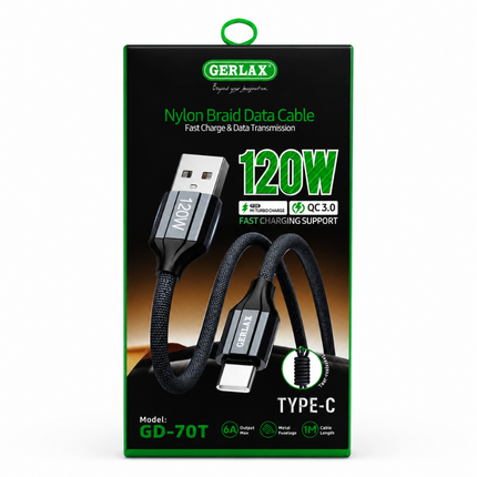 GERLAX GD-70T Type-C USB Cable 120W Fast Charge 1m Nylon Braided Black