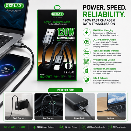 GERLAX GD-70T Type-C USB Cable 120W Fast Charge 1m Nylon Braided Black
