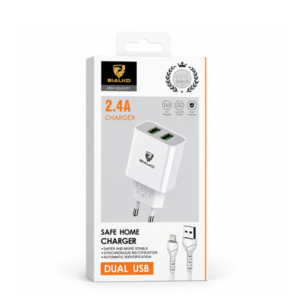 SIALKO 2.4A Dual USB Wall Charger with Lightning Cable – White
