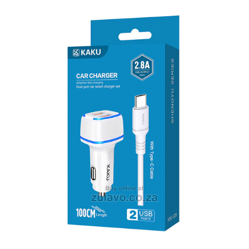 KAKUSIGA KCS-528 Dual USB Car Charger (2.8A Output with Type-C Cable) Supports smartphones, tablets, GPS units, cameras, Bluetooth devices, and more.