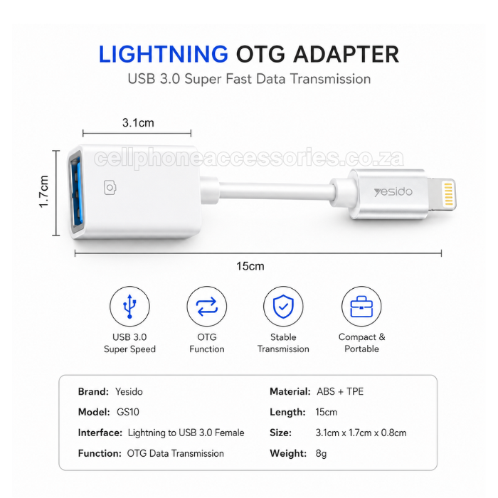 Yesido GS10 Lightning OTG Adapter USB 3.0 Female to Lightning Connector Compatible for iPhone & iPad Devices – White