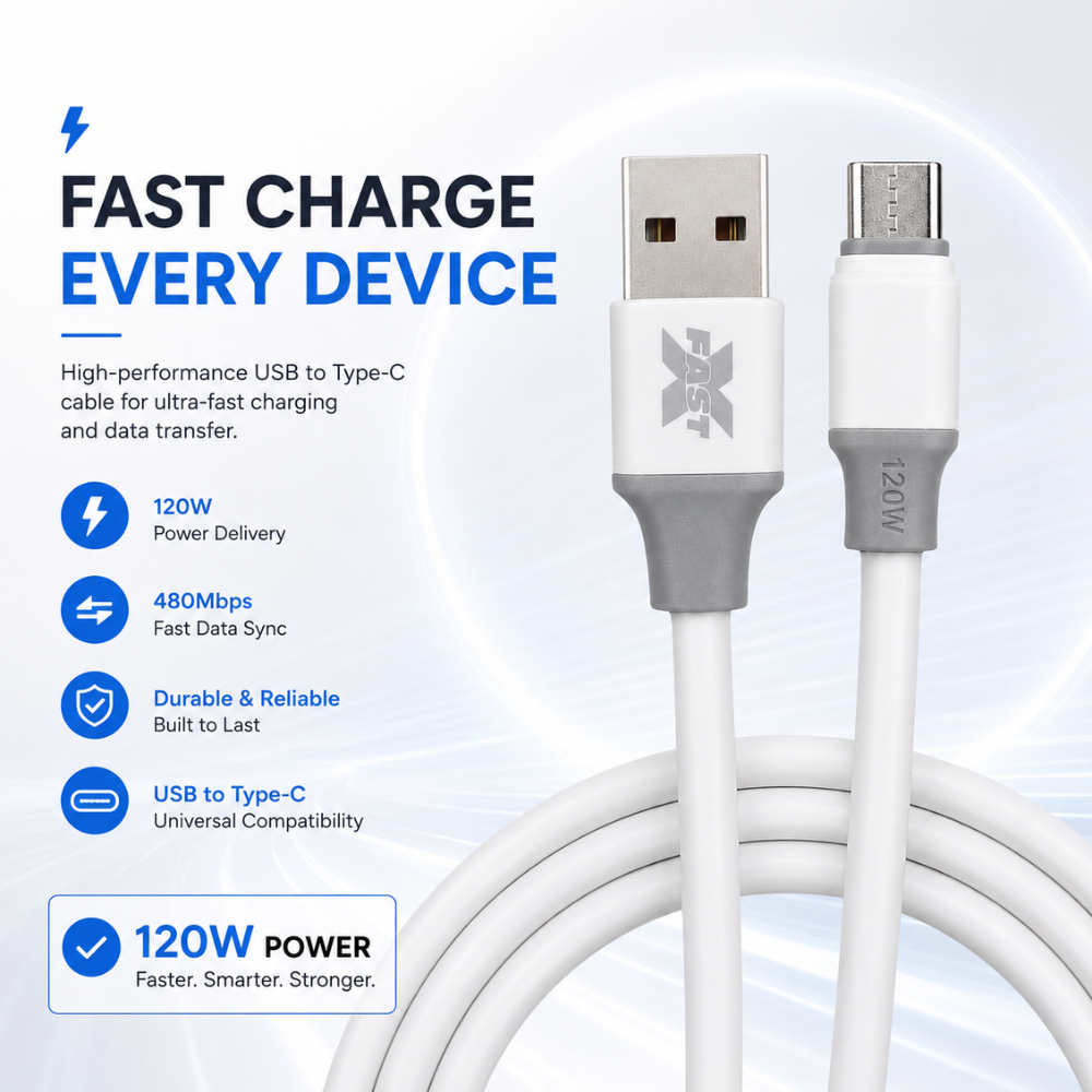 120W USB-A to USB-C fast charging cable. 1m length, 3A charging and data transfer - white