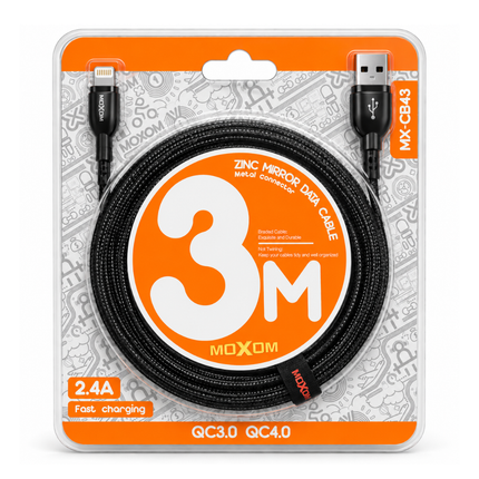 MOXOM MX-CB43 Lightning Cable 3M 2.4A Braided Fast Charging Data Cable - Black