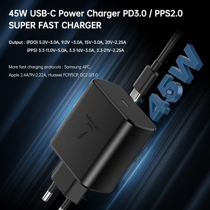 45W USB-C PD Super Fast Charging Adapter Compatible for Samsung & USB-C Devices Black