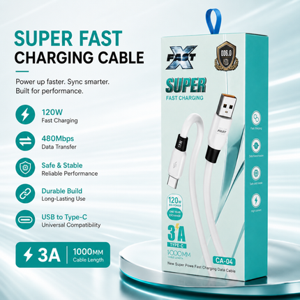 FAST CA-04 USB-A to USB-C Fast Charging Cable 1M 3A 120W Data Transfer Cable - White