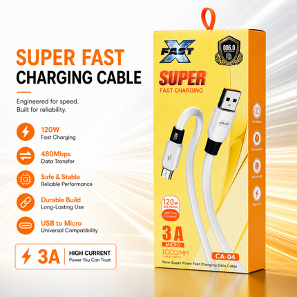 120W USB-A to Micro USB Fast Charging Data Cable 1M 3A White
