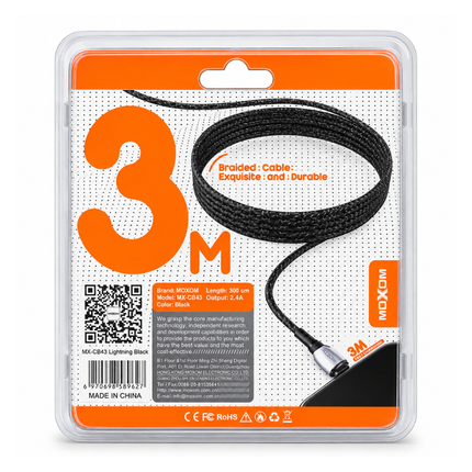 MOXOM MX-CB43 Lightning Cable 3M 2.4A Braided Fast Charging Data Cable - Black
