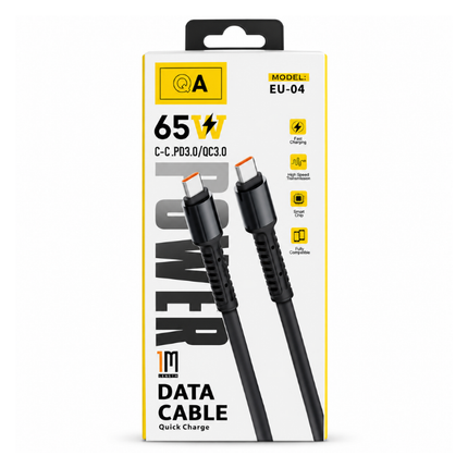 65W USB-C to USB-C Fast Charging Braided Data Cable - 1m Black