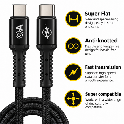 65W USB-C to USB-C Fast Charging Braided Data Cable - 1m Black