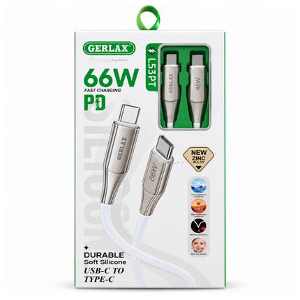 Gerlax L53PT 66W USB-C to USB-C Soft Silicone Cable with Zinc Alloy Connectors 1m White