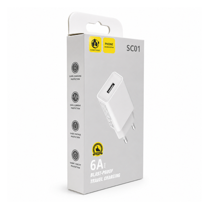 USB wall charger with EU plug and USB-A output - SASATHREE SC01 White, Compact white travel charger for compatible USB-powered devices