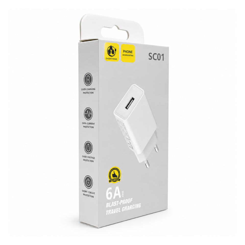 USB wall charger with EU plug and USB-A output - SASATHREE SC01 White, Compact white travel charger for compatible USB-powered devices