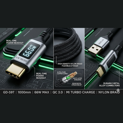 Gerlax GD-59T 66W USB-A to USB-C Nylon Braided Fast Charging Cable 1m with Power Display