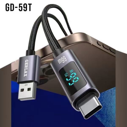 Gerlax GD-59T 66W USB-A to USB-C Nylon Braided Fast Charging Cable 1m with Power Display