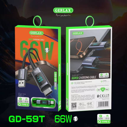 Gerlax GD-59T 66W USB-A to USB-C Nylon Braided Fast Charging Cable 1m with Power Display