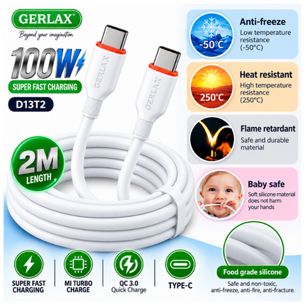 Gerlax D13T2 100W USB-C to USB-C Soft Silicone Fast Charging Cable - 2m