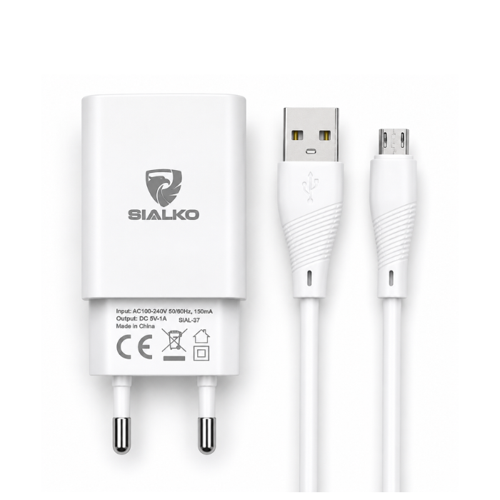 SIALKO 2.4A USB Wall Charger with Micro USB Cable, Single USB-A Fast Charging Power Adapter, EU 2-Pin Travel Charger, White (SIAL-37)