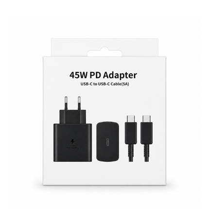 45W USB-C PD Fast Charging Travel Adapter with USB-C to USB-C 5A Cable – Black