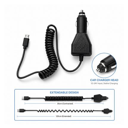 Micro USB Car Charger Compatible with Mobile Devices Extendable Cable 12-24V Black