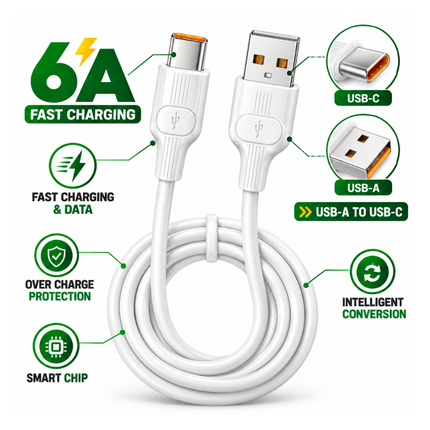 Prince 6A USB-A to USB-C Fast Charging & Data Cable White