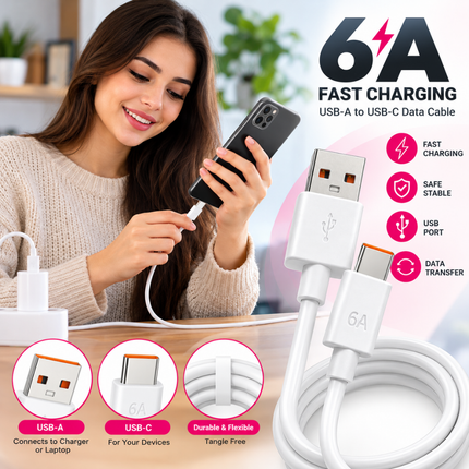 Nesty T-04 USB-A to USB-C 6A Fast Charging Data Cable White
