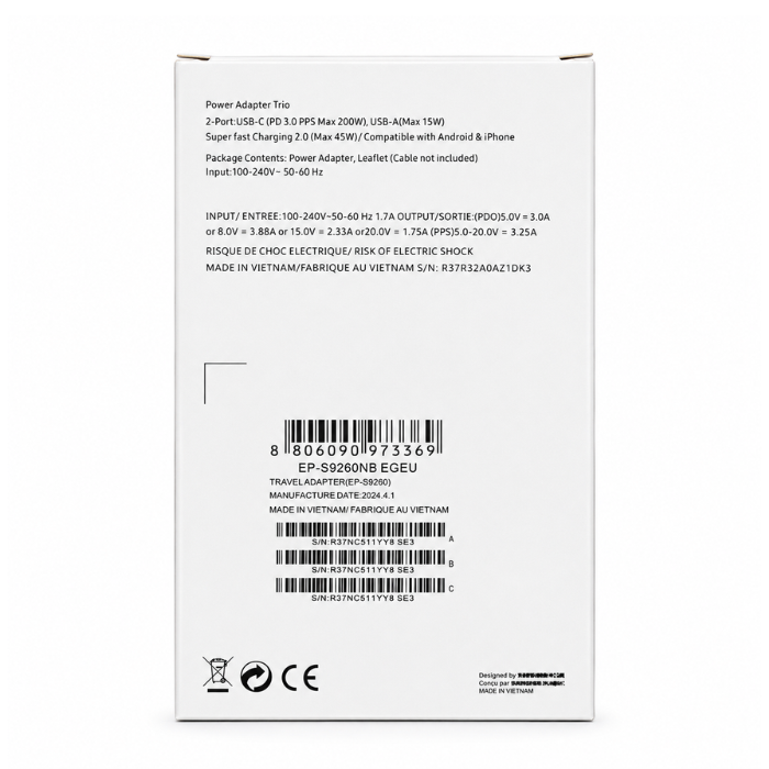 Compatible Samsung AI 200W PD Power Adapter Trio USB-C & USB-A Wall Charger – White / Black