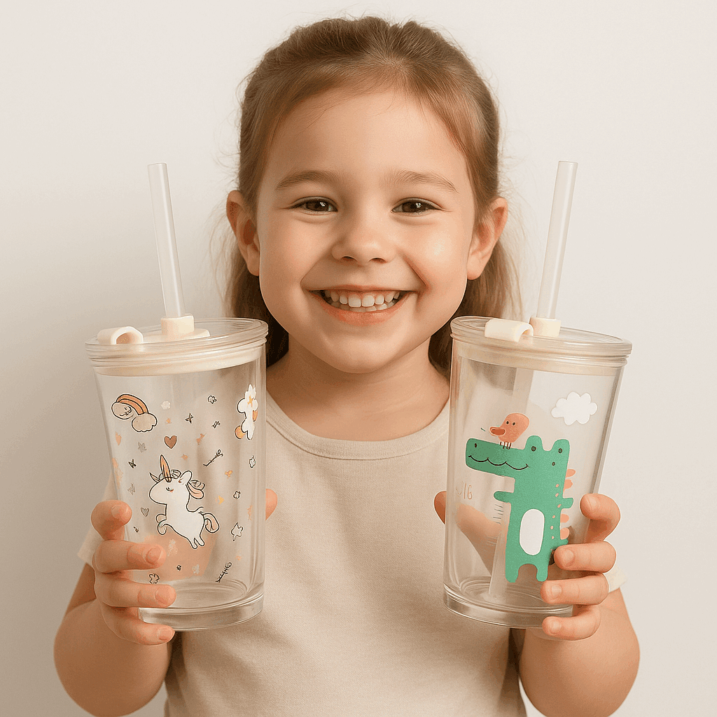 Sip Smart, Sip Fun Eco-Friendly Glass Tumbler - Crocodile and Bird Design, 450ml