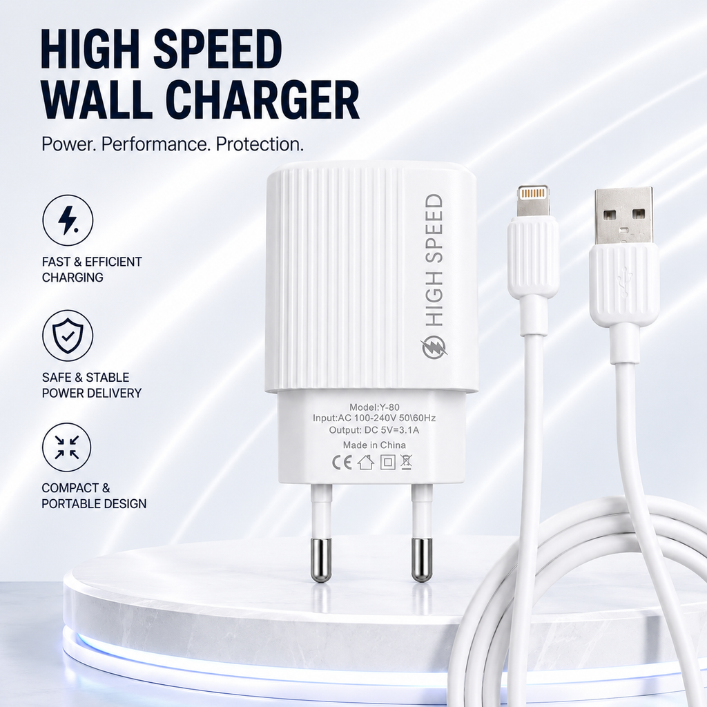 3.1A Lightning Fast Charger Kit with USB wall charger and Lightning cable. Compatible with Lightning devices - White
