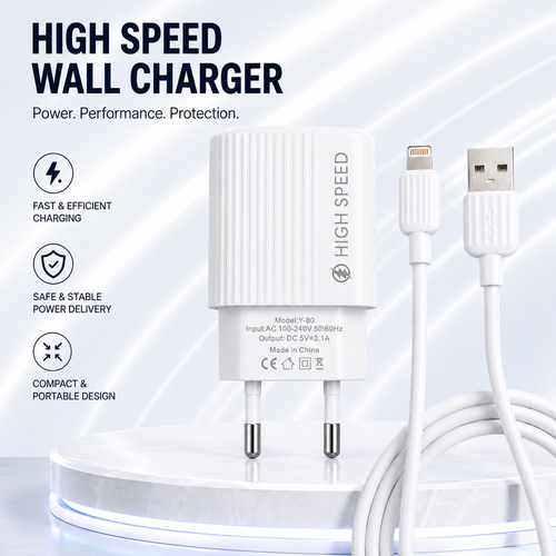 3.1A Lightning Fast Charger Kit with USB wall charger and Lightning cable. Compatible with Lightning devices - White