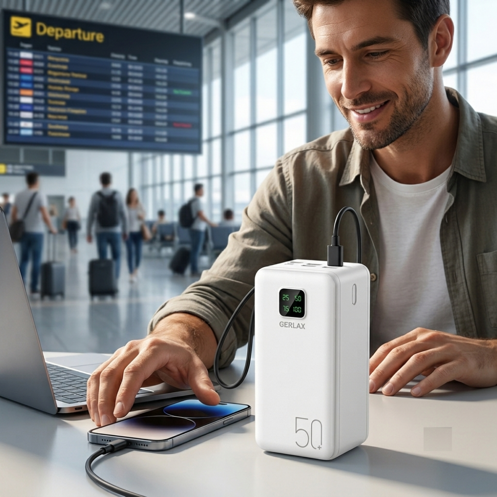 GERLAX GP-523 50000mAh 4 USB Power Bank with Built-in 3-in-1 Charging Cables & Digital Display – White