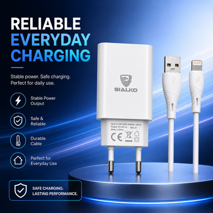SIALKO 2.4A USB Wall Charger with Lightning Cable – White