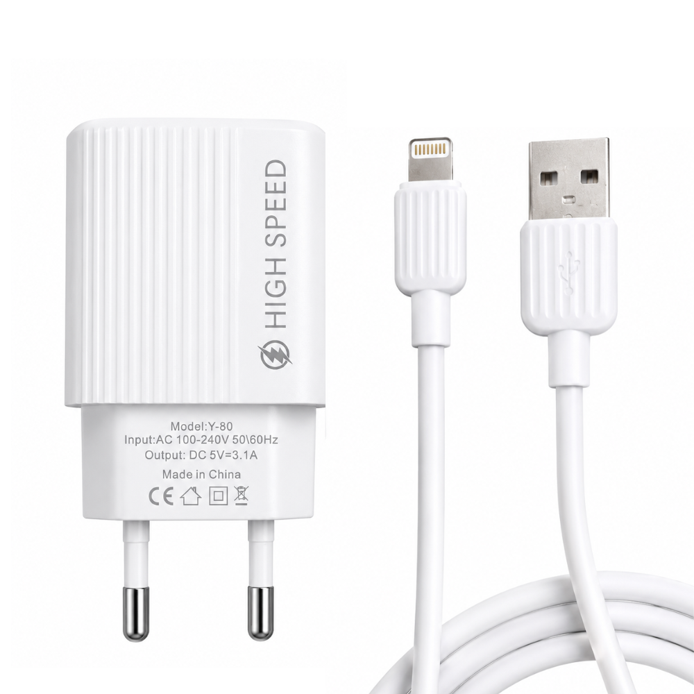 3.1A Lightning Fast Charger Kit with USB wall charger and Lightning cable. Compatible with Lightning devices - White