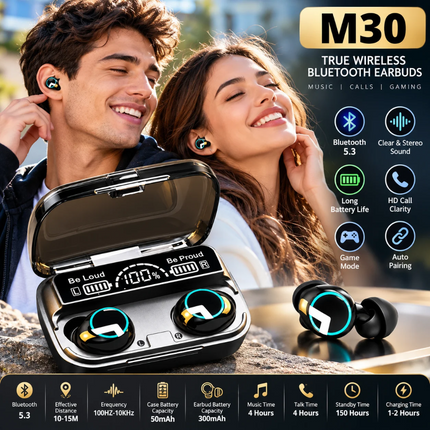 M30 Bluetooth 5.3 Wireless Earbuds with Power Bank Function and Digital Display Black