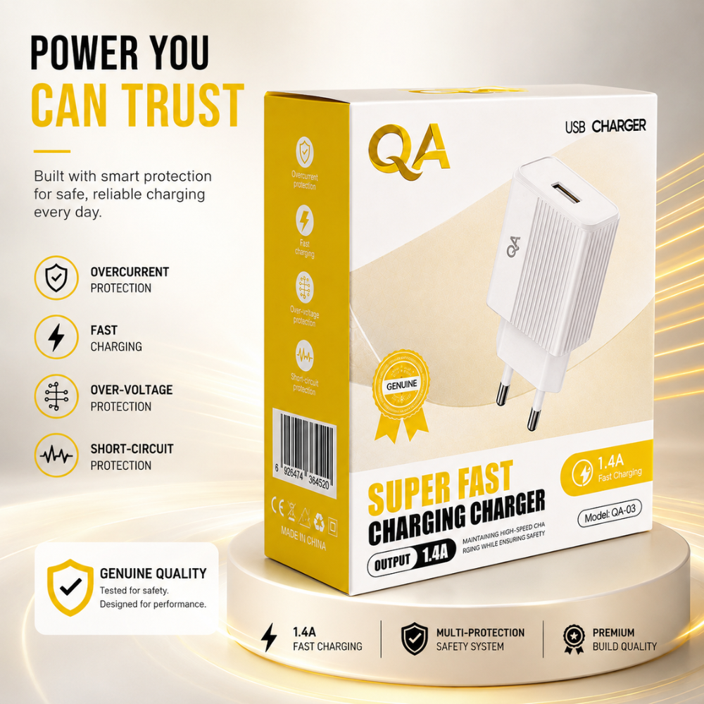 QA-03 USB wall charger with EU plug and USB-A output. Compact 1.4A charging adapter for compatible USB-powered devices - White