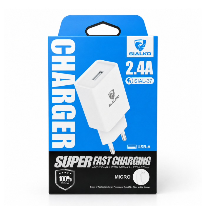 SIALKO 2.4A USB Wall Charger with Micro USB Cable, Single USB-A Fast Charging Power Adapter, EU 2-Pin Travel Charger, White (SIAL-37)