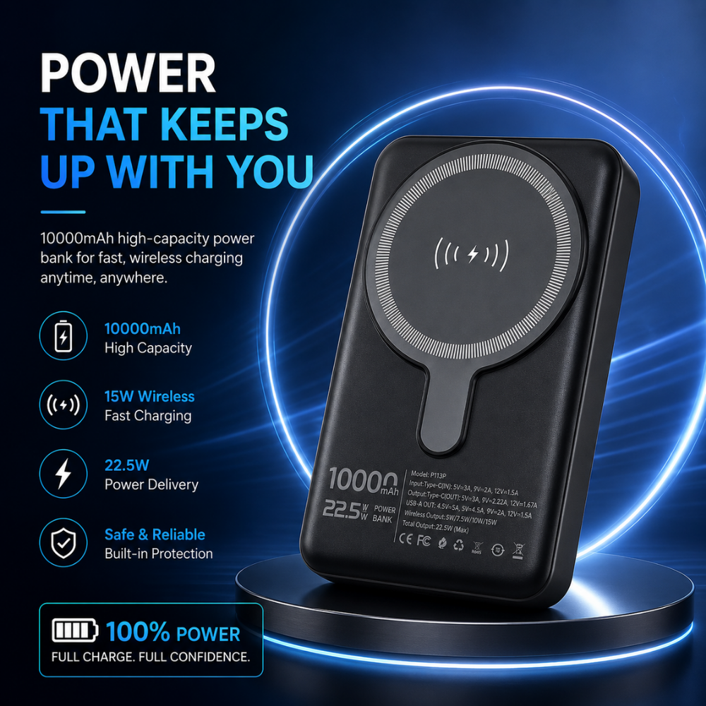 GERLAX P113P 10000mAh magnetic wireless power bank with 22.5W output, 15W wireless charging, digital display and built-in stand - Black