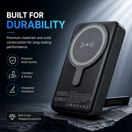 GERLAX P113P 10000mAh Magnetic Wireless Power Bank – 22.5W, 15W Wireless Charging, Digital Display & Stand
